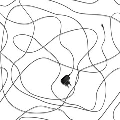 Black charging for the phone lies on the table, top view. Pattrn with entangled wires, New Age Technology. Vector illustration, EPS 10