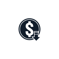dollar decrease icon. Money symbol with arrow stretching rising drop fall down. Recession Business. cost reduction icon. vector illustration.