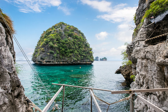 Viewpoint of mountain limestone with emerald sea at Loh Samah bay