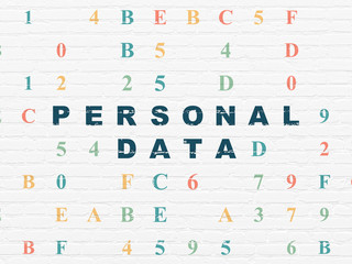 Information concept: Painted blue text Personal Data on White Brick wall background with Hexadecimal Code