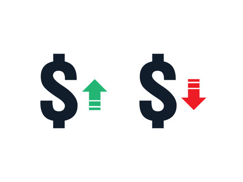 dollar increase decrease icon. Money symbol with arrow stretching rising up and drop fall down. Business cost sale and reduction icon. vector illustration.