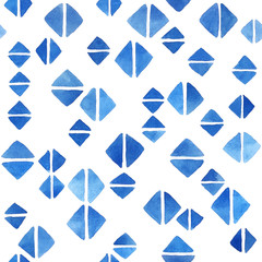 Hand painted background with square shapes in blue. Seamless watercolor pattern