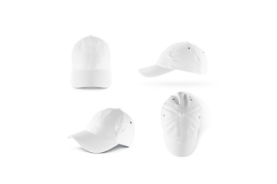 Blank White Baseball Cap Mock Ups Set, Isolated. Empty Sports Hat Mockup. Clear Snapback Front, Side And Top View. Head Wearing Dress Presenation