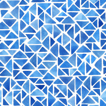 Watercolor mosaic background with triangles in blue. Hand painted seamless pattern