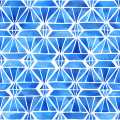 Watercolor geometric background with gemstone shapes in blue. Hand painted seamless pattern. Stained glass imitation