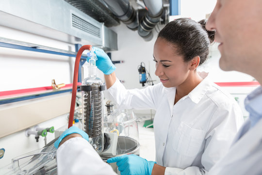 Scientists preparing test in scientific laboratory