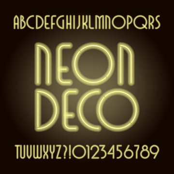 Neon tube art deco alphabet font. Neon color letters and numbers. Retro vector typeface for your design.