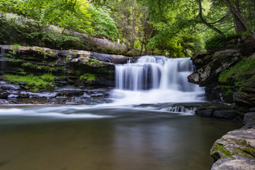 A forest waterfall with motion and wide pool in front.
