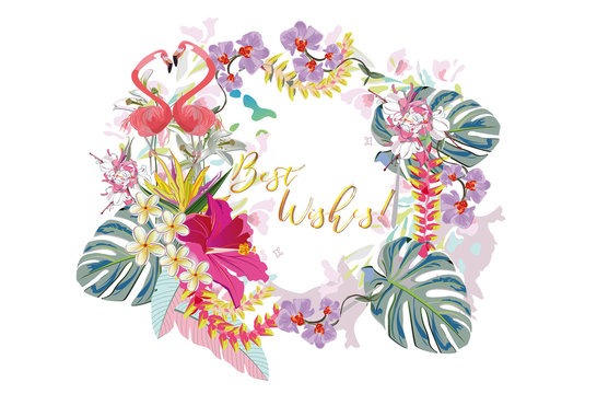 Series of invitation frame backgrounds with summer and spring flowers and leaves. Colorful  floral garlands with peonies, green palm leaves and flamingos. Vector illustration.