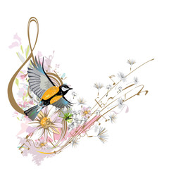 Naklejka premium Abstrakcyjny klucz wiolinowy ozdobiony letnimi i wiosennymi kwiatami, liśćmi palm, nutami, ptakami. Ręcznie rysowane ilustracji wektorowych muzyczne.