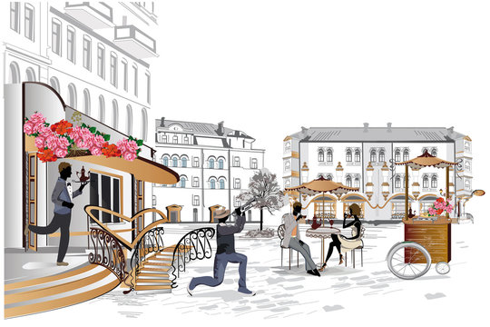 Series of the street cafes with fashion people, men and women, in the old city, vector illustration. Waiters serve the tables. Street musicians.