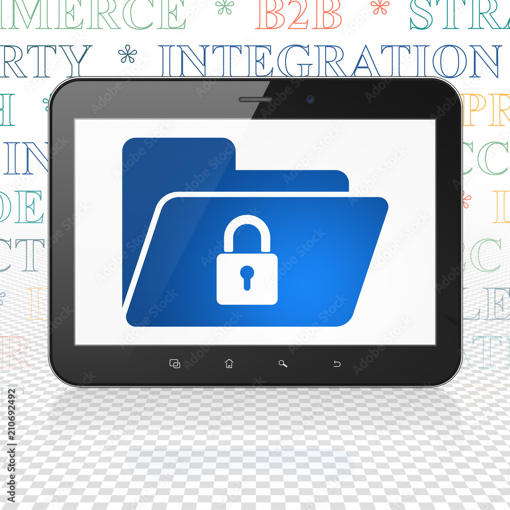 Poster finance concept: tablet computer with blue folder with lock icon on display, tag cloud background, 3
