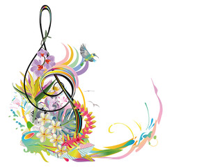 Obraz premium Abstract treble clef decorated with summer and spring flowers, palm leaves, notes, birds. Hand drawn musical vector illustration.