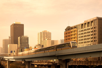 Elevated Yurikamome monorail at Shiodome Area, Shimbashi, Tokyo, Kanto Region, Honshu, Japan