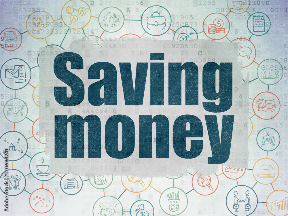 Poster business concept: painted blue text saving money on digital data paper background with scheme of han