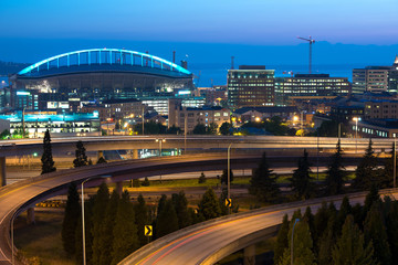 Skyline of Seattle at night, Washington State, USA