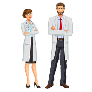 Medical team. Two doctors, man and woman with stethoscope. Healthcare and medical concept. Vector Illustration.