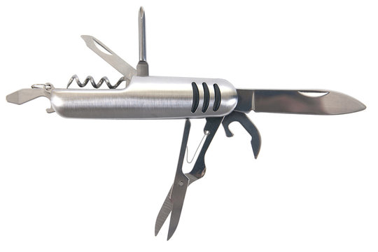 Open multipurpose knife on a white background.