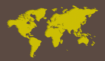 Isometric world map vector with yellow on light brown colored round dotted shape