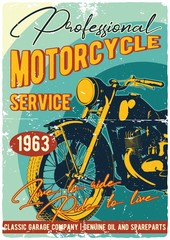 Vintage motorcycle t-shirt or poster. Monochrome illustration of clssic motorcycle with text decoration and grunge texture. © Oleg