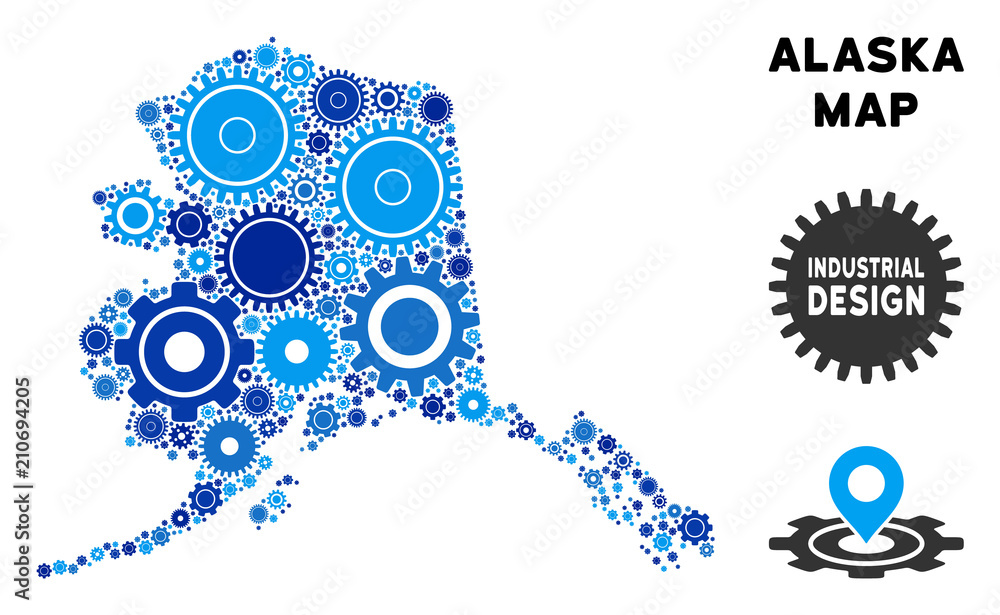 Poster industrial alaska map mosaic of cogs. abstract geographic plan in blue shades. vector alaska map is 