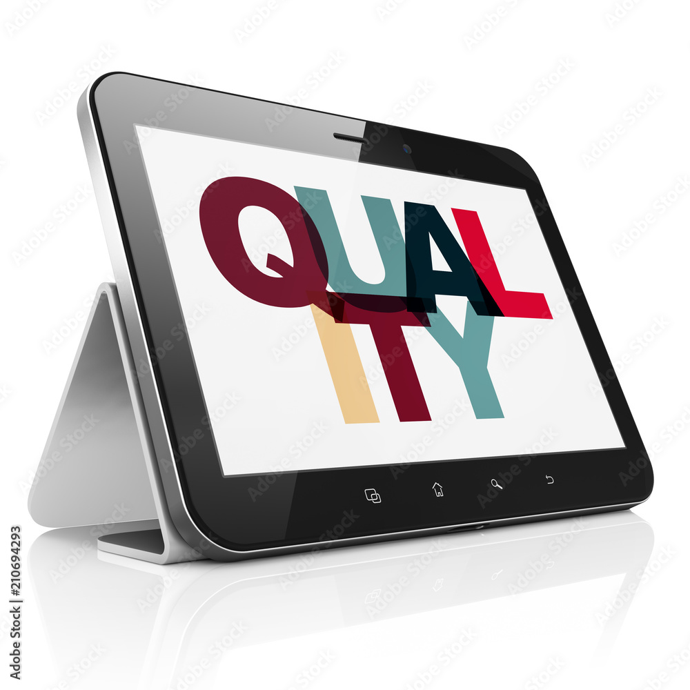 Aufkleber advertising concept: tablet computer with painted multicolor text quality on display, 3d rendering