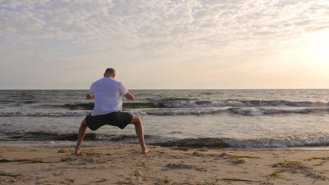 Man in horse stance practicing asian martial arts on seashore at sunset