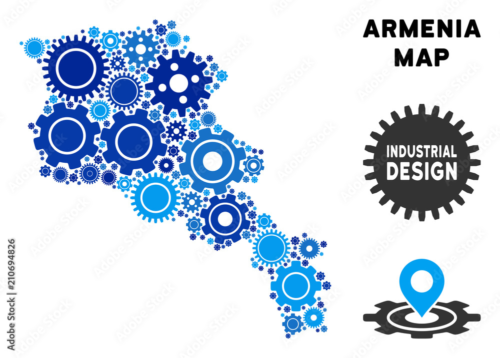 Poster industrial armenia map mosaic of cogs. abstract territory scheme in blue color hues. vector armenia 