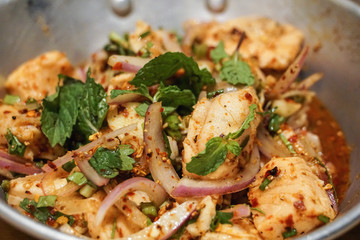 Thai dish spicy salmon salad laab