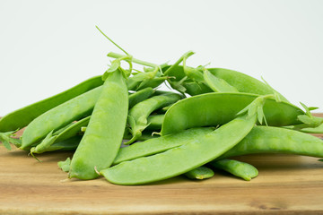 Fresh harvested Snow pea (Pisum sativum var. saccharatum) also known as mangetout organical grown in my garden isolated on wooden background