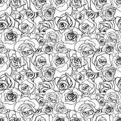 A lot of beautiful black outline rosebuds on white, seamless pattern