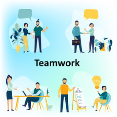 Set of office workers characters. Flat design corporate business people. Full length. Different poses and situations. Vector illustration.