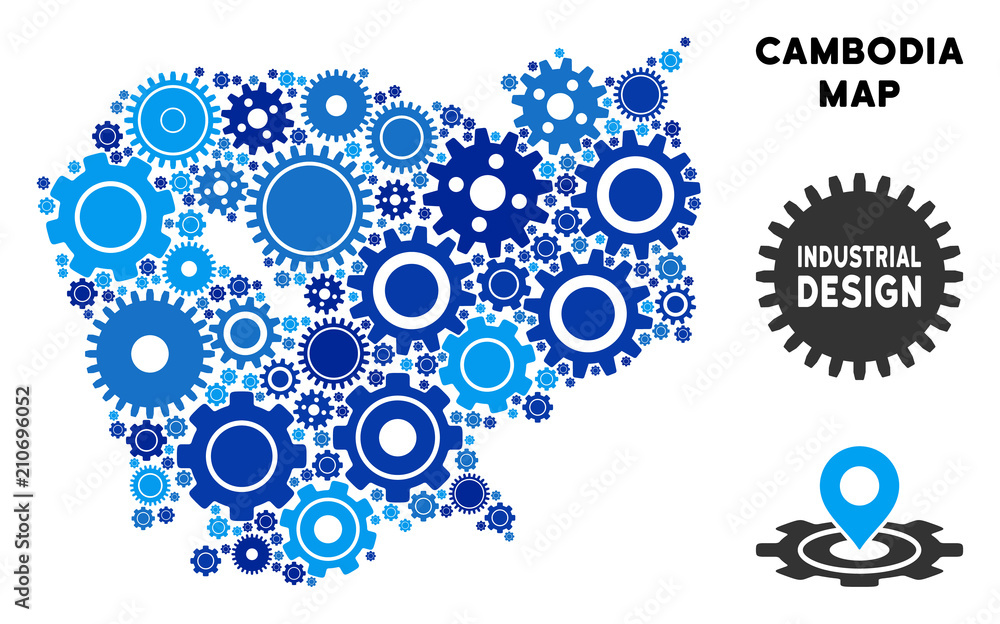 Poster repair service cambodia map composition of cogs. abstract geographic scheme in blue color hues. vect