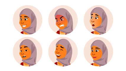 Arab Avatar Woman Vector. Facial Emotions. Traditional Clothes.Islamic. Hijab. Arab, Muslim. User Portrait. Scared, Aggressive. Happiness, Unhappy. Modern Employer. Isolated Flat Cartoon Illustration