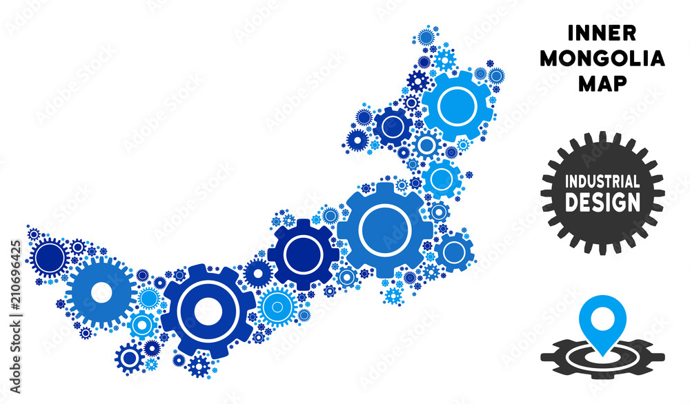 Poster industrial chinese inner mongolia map composition of cogs. abstract territory plan in blue color tin