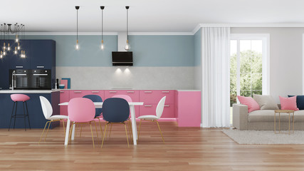 Modern house interior. Pink kitchen. 3D rendering.