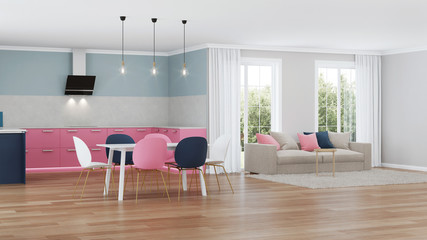 Modern house interior. Pink kitchen. 3D rendering.
