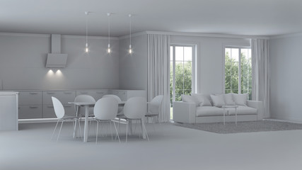 Modern house interior. Repairs. Gray interior.  3D rendering.