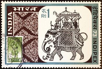 Drawing of elephant carrying Maharaja on indian postage stamp