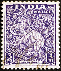 Indian postage stamp showing an elephant carved in Ajanta caves