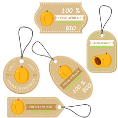 Labels with various fruits,for apricot  and inscriptions. Set templates price tags for shops and markets of organic vegetarian food. Vector illustration