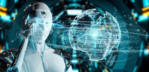 White humanoid woman using globe network hologram with Europe map 3D rendering