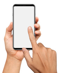 hands are holding and touching on a small bezels Smart Phone Isolated on white background
