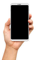 hands are holding a small bezels Smart Phone Isolated on white background