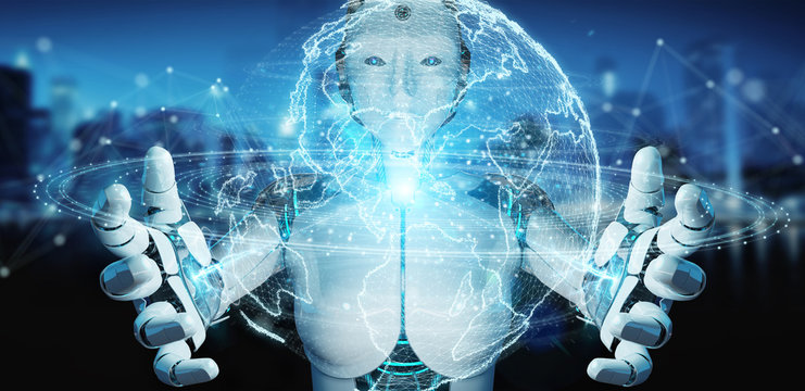 White robot woman using globe network hologram with America Usa map 3D rendering
