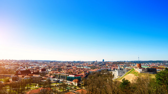 Beautiful Spring Panorama Of Vilnius Old Town At Sunny Day In Ra