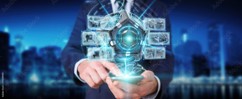 Aufkleber businessman using futuristic drone security camera 3d rendering