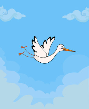 cartoon flying stork on blue cloudy sky background.
