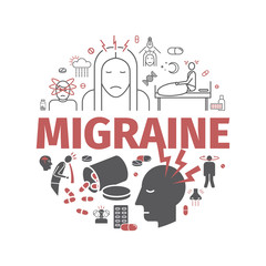 Migraines banner. Migraine symptoms. Headache line icons. Vector set.