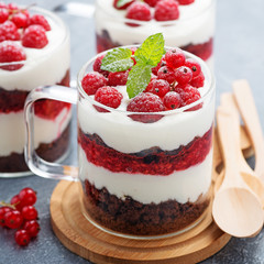 Layered dessert with raspberries,chocolate biscuit cake and cream cheese on a gray background.